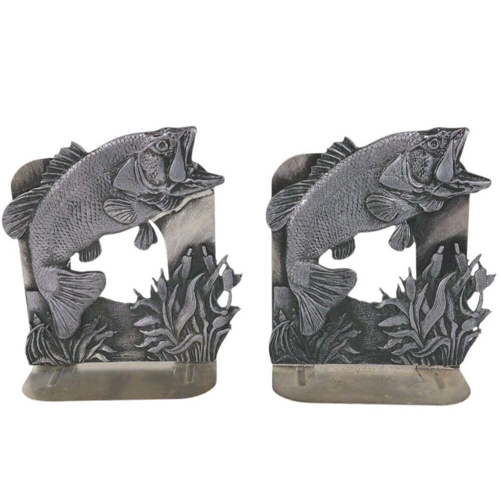 Metzke Large Mouth Bass Fish Fishing Pewter Bookend Set Vtg 1980’s